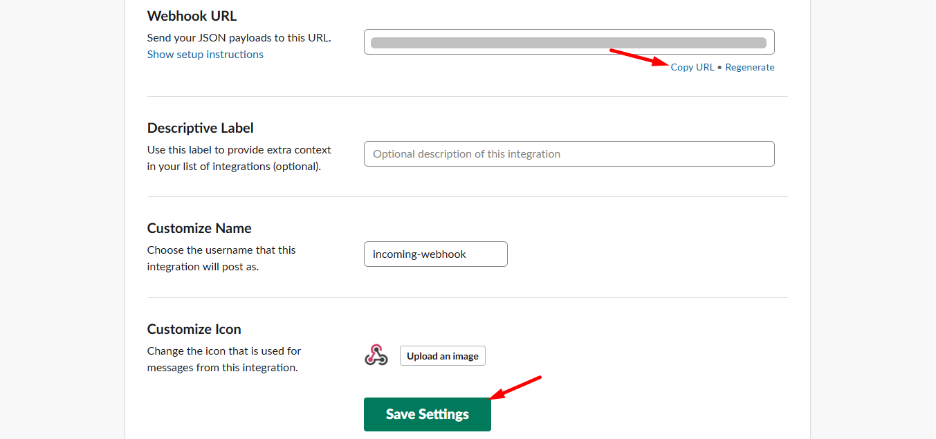 Copy Webhook URL and click Save Settings
