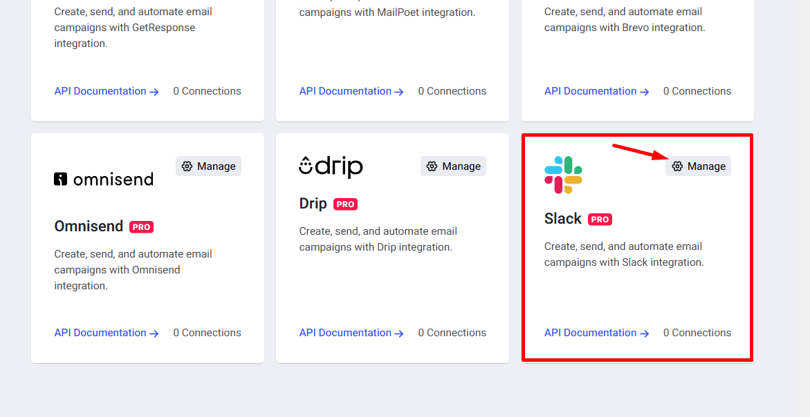 Find Slack and click on the Manage button
