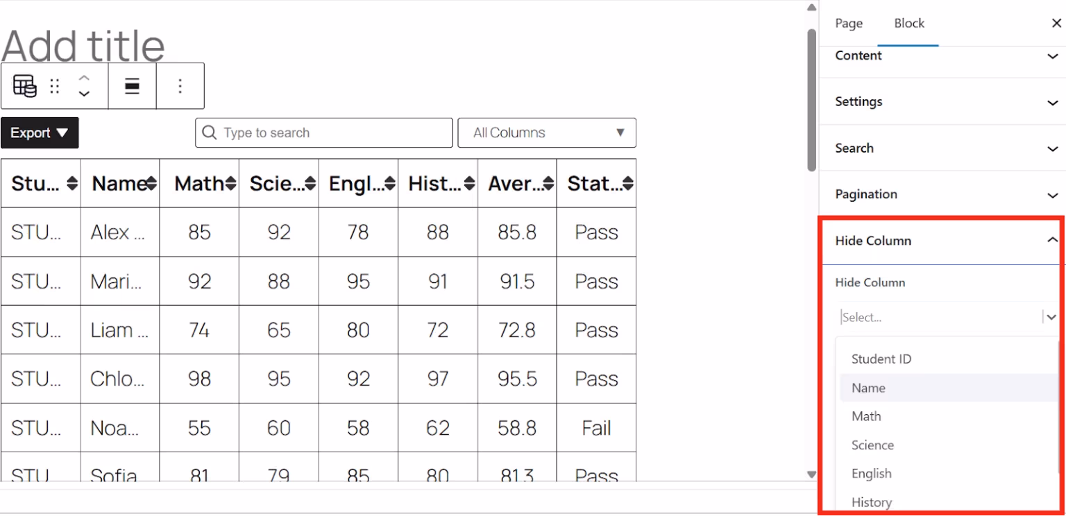 Hide Table column feature