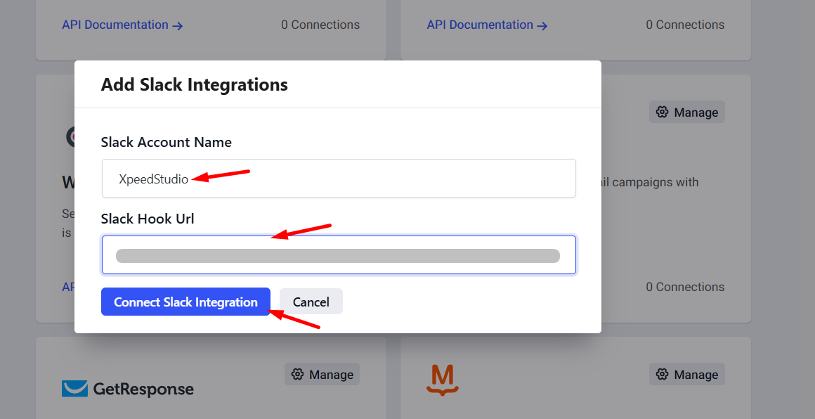 Insert Slack account name and Slack WebHook URL and click connect Slack integration