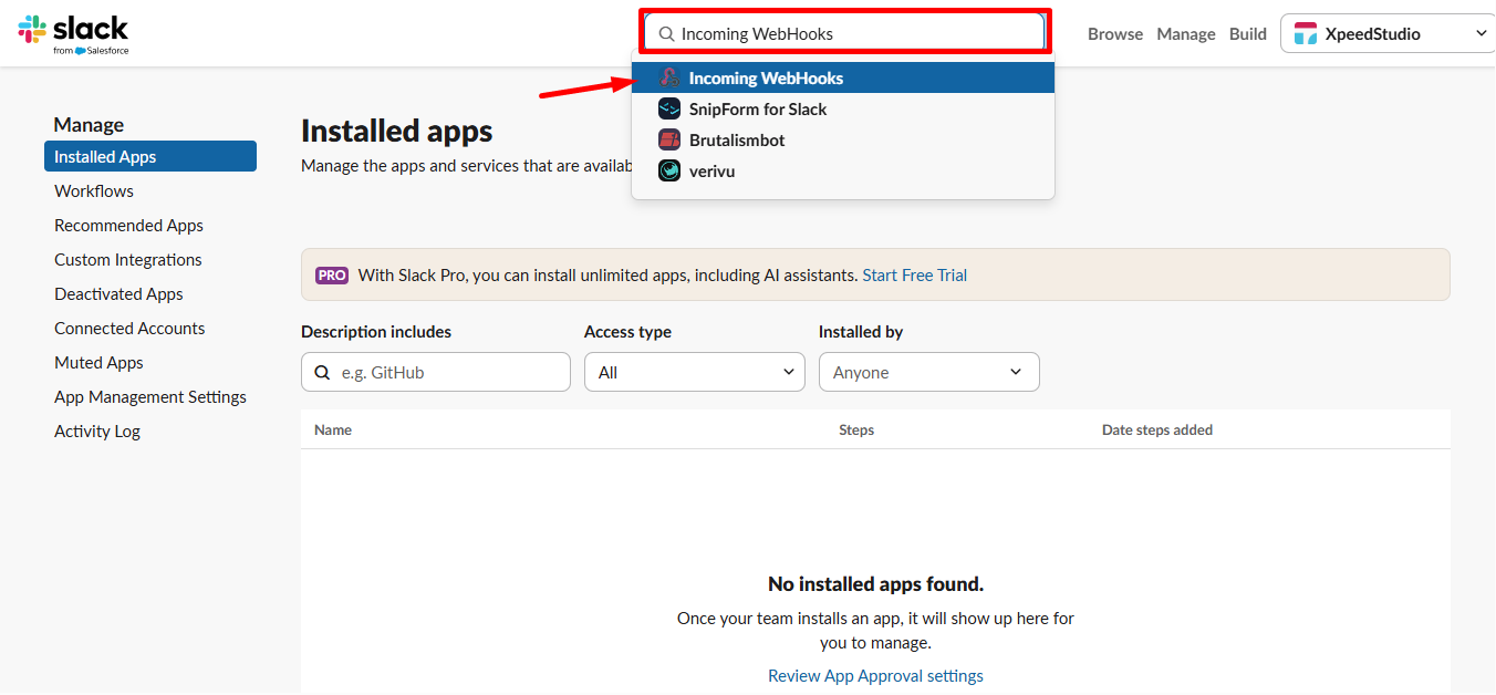Search for Incoming WebHooks