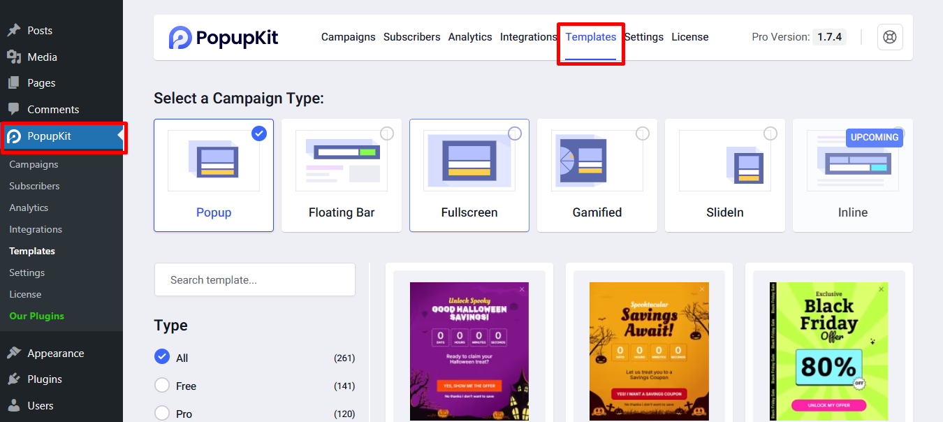 Select PopupKit templates tab