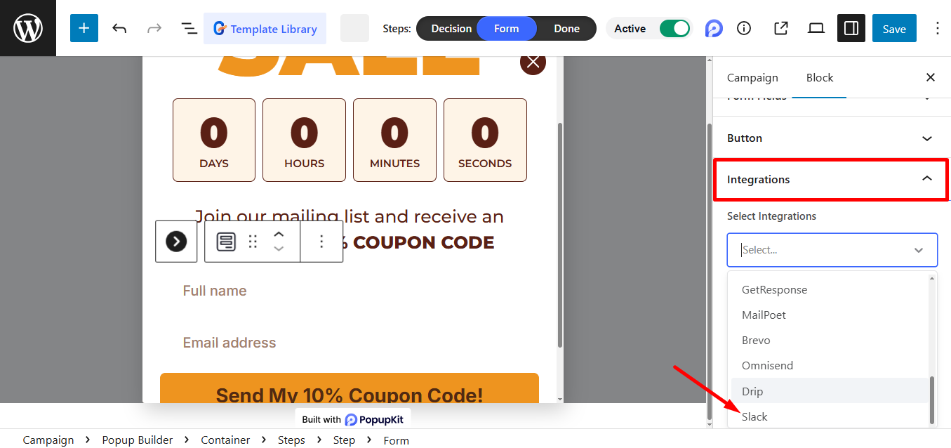 Select Slack from the integrations’ dropdown menu