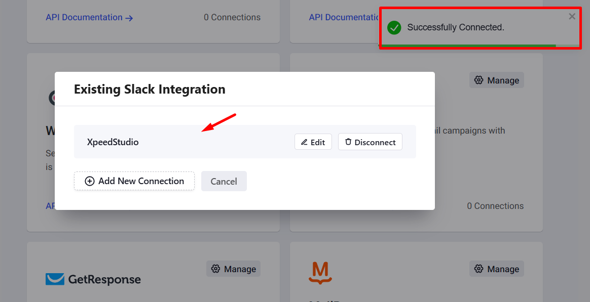 Slack successfully connected