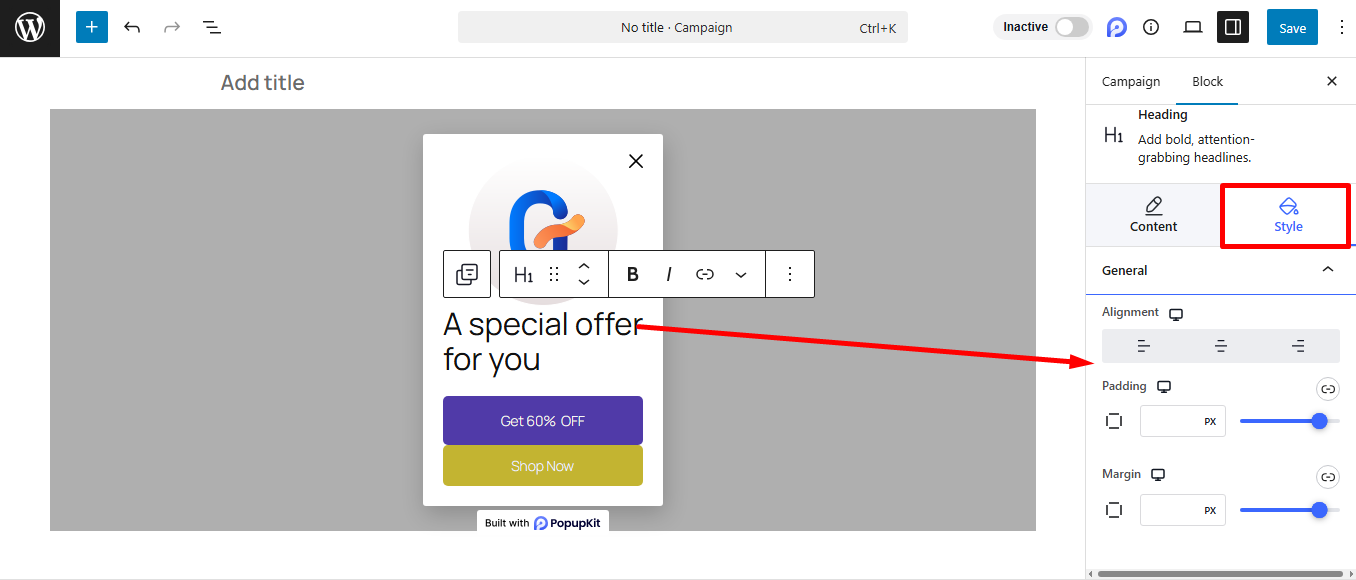 Style the PopupKit Heading block