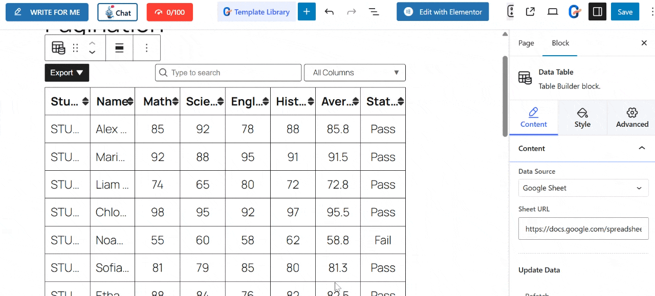 Table search and filter features