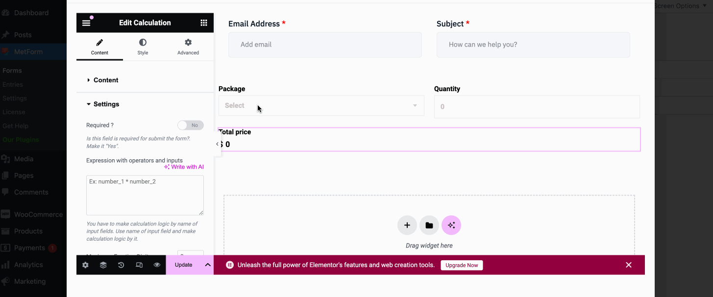 Set formulas on calculation fields with MetForm