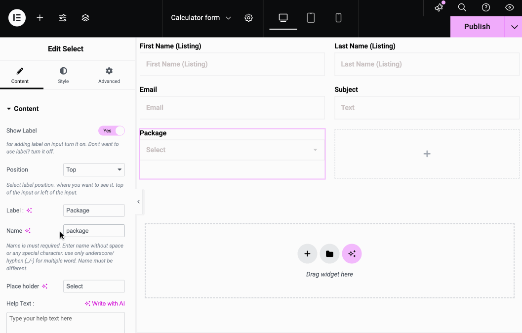 Add necessary fields to calculator form with MetForm 