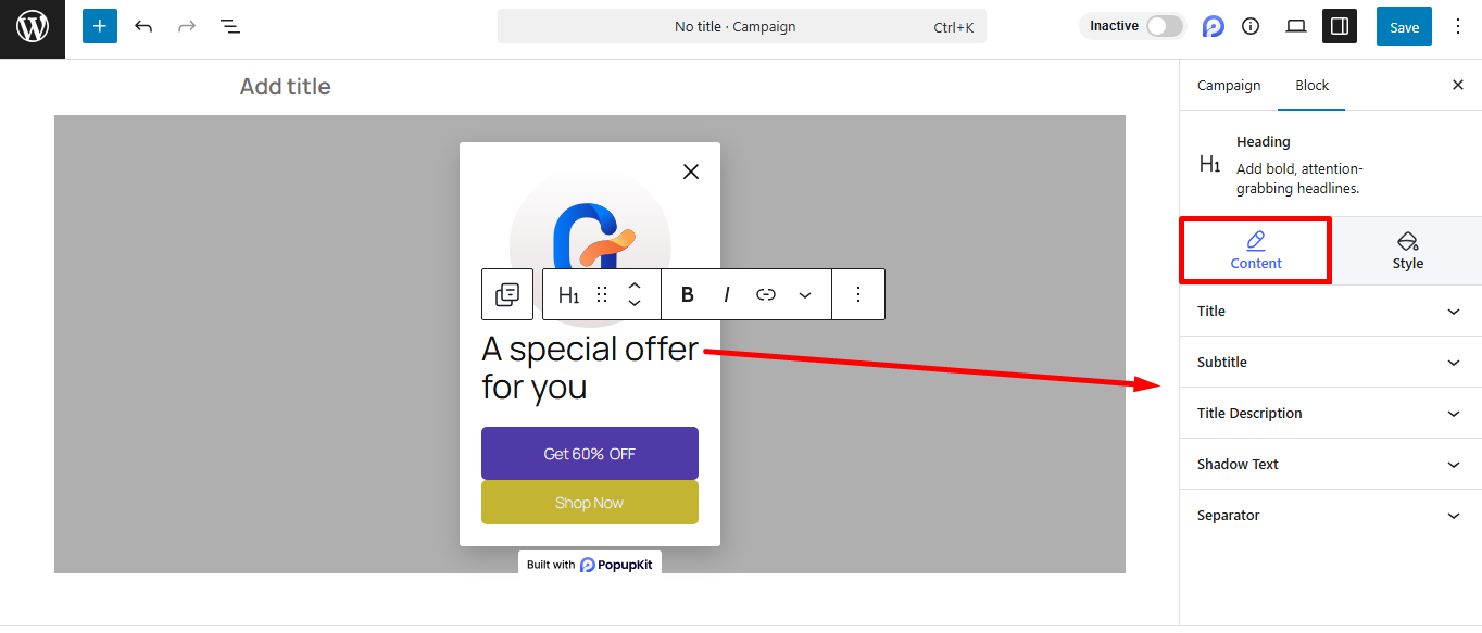 customize the content of PopupKit Heading block