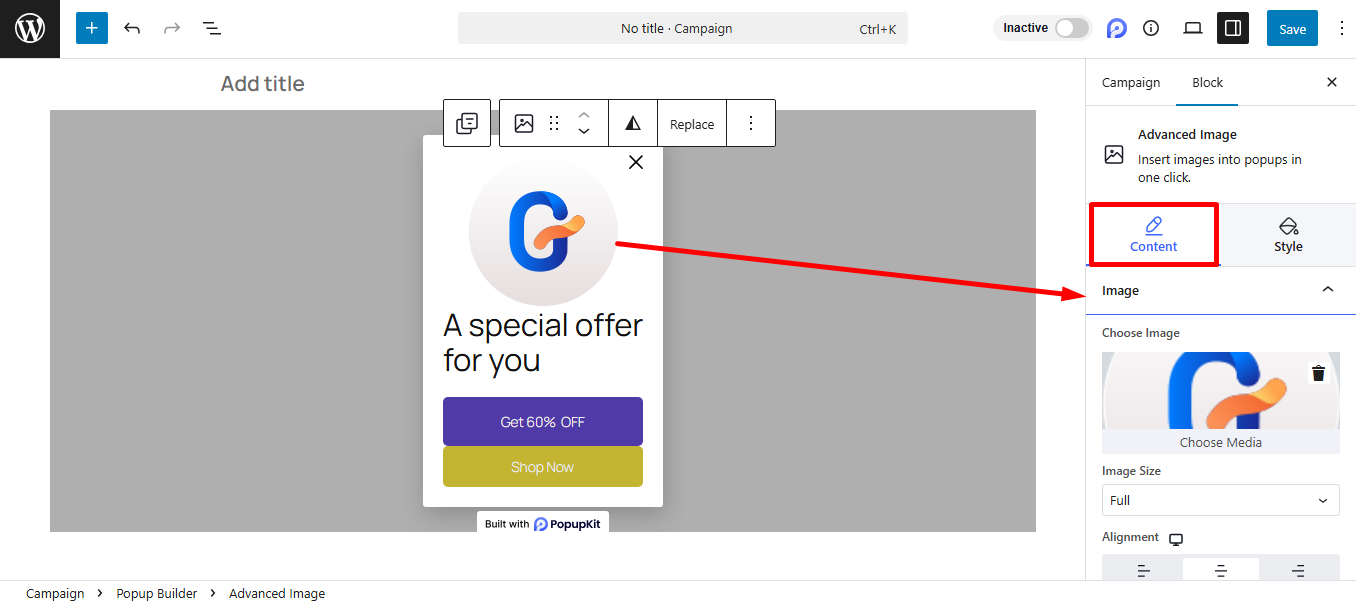 customize the content of PopupKit advanced image block