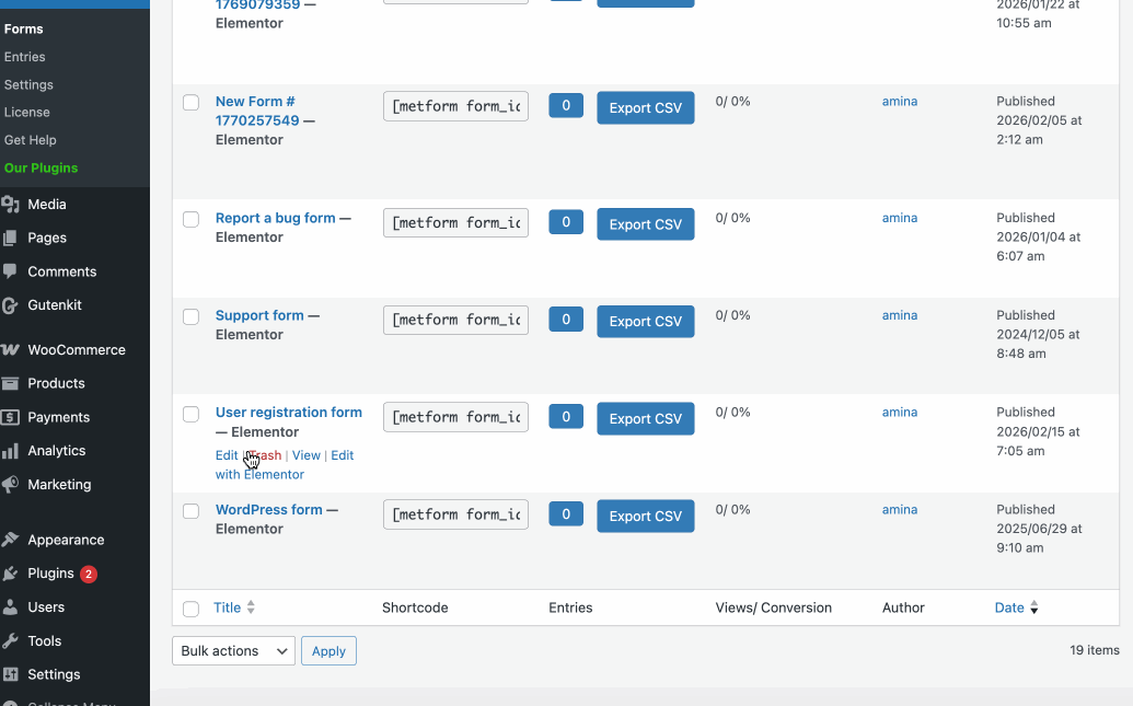 Update user registration form settings with MetForm