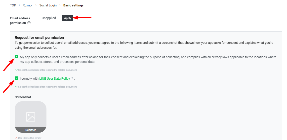 Enable the email permission by clicking Apply to avoid LINE login issues