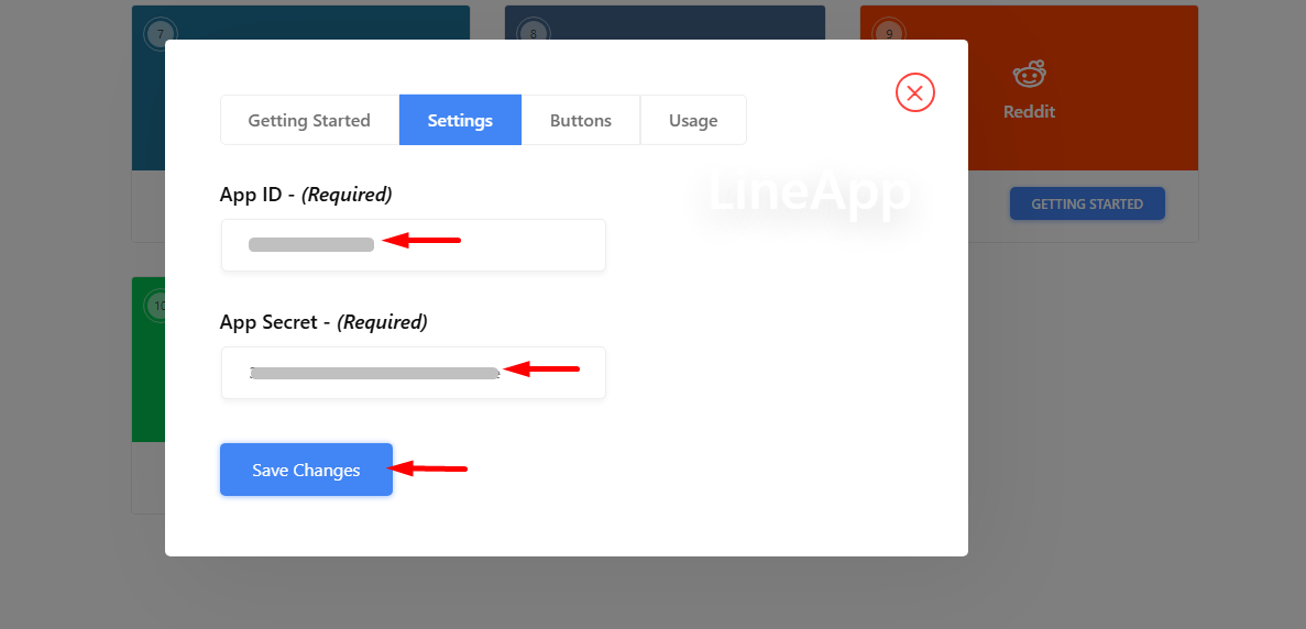 Enter the App IDs and Connect WP Social for LINE App