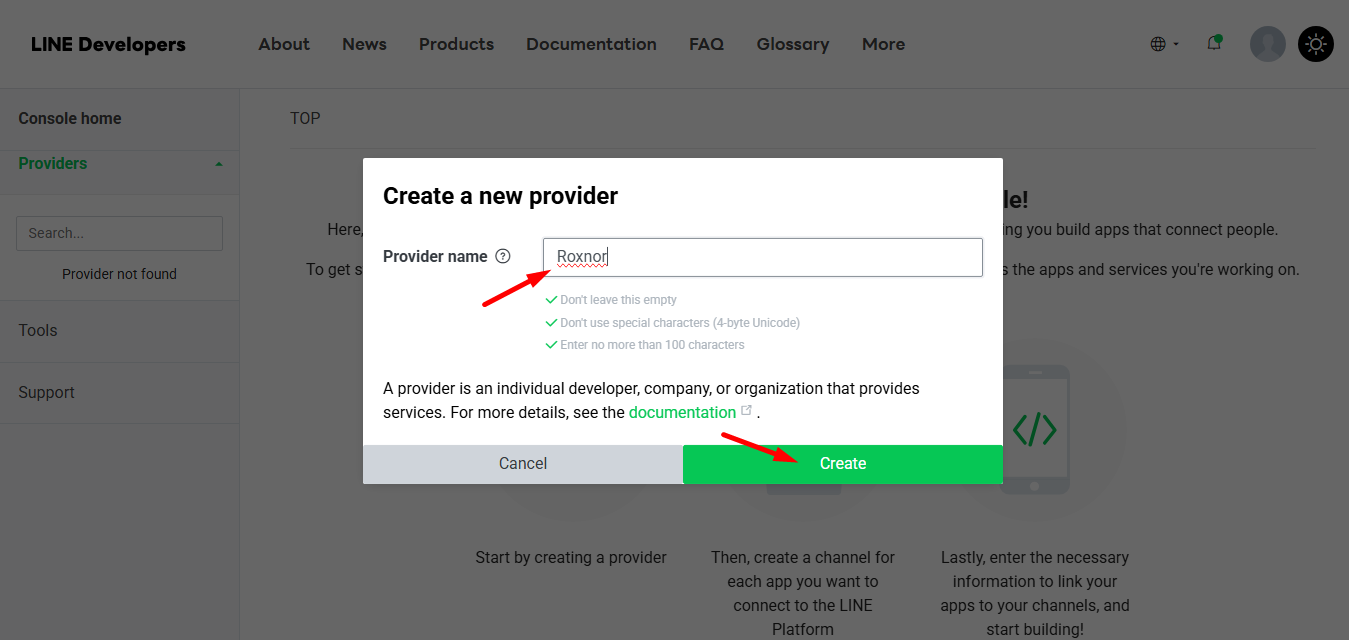 Fill up the pop-up fields to create a provider