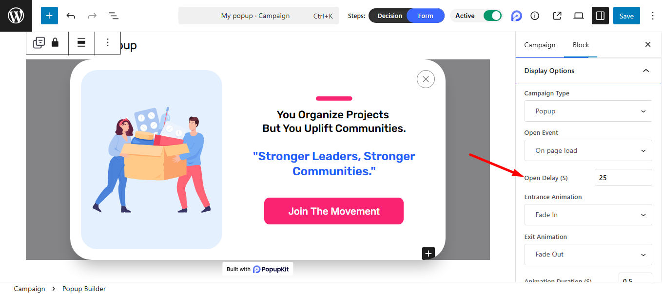 Set time delay for the mobile popup