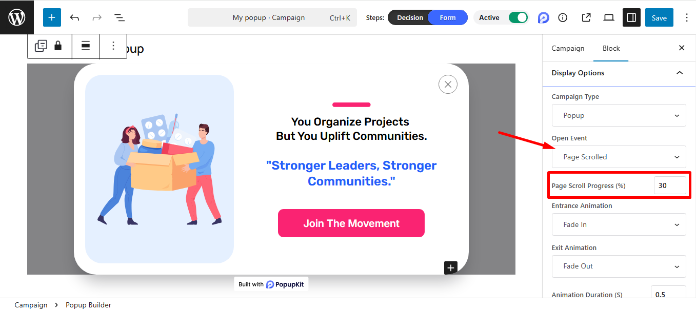 Use page scrolled event for your mobile popups