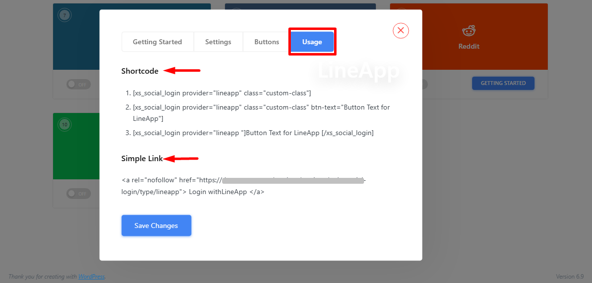 Use the shortcodes found in the Usage tab and add LINE App anywhere