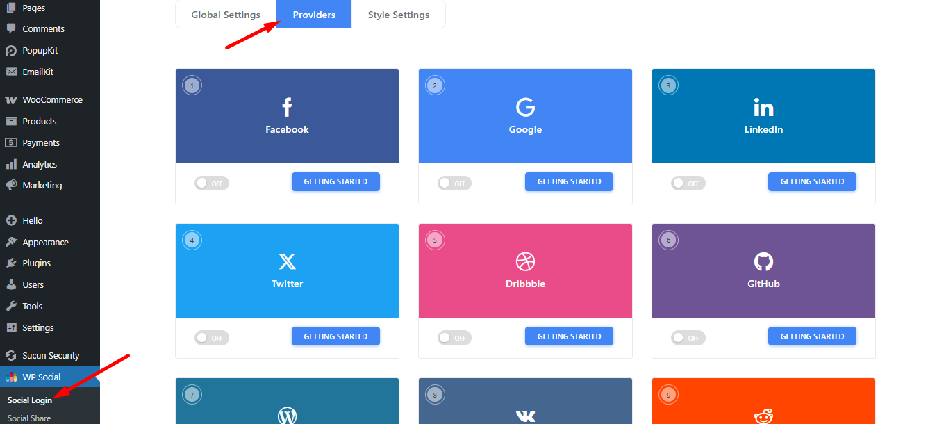 access the WP Social plugin from your WordPress dashboard and go to Providers