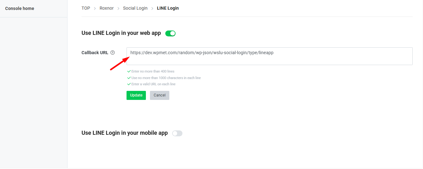 click the Edit button, a field will appear where you can paste the Callback URL