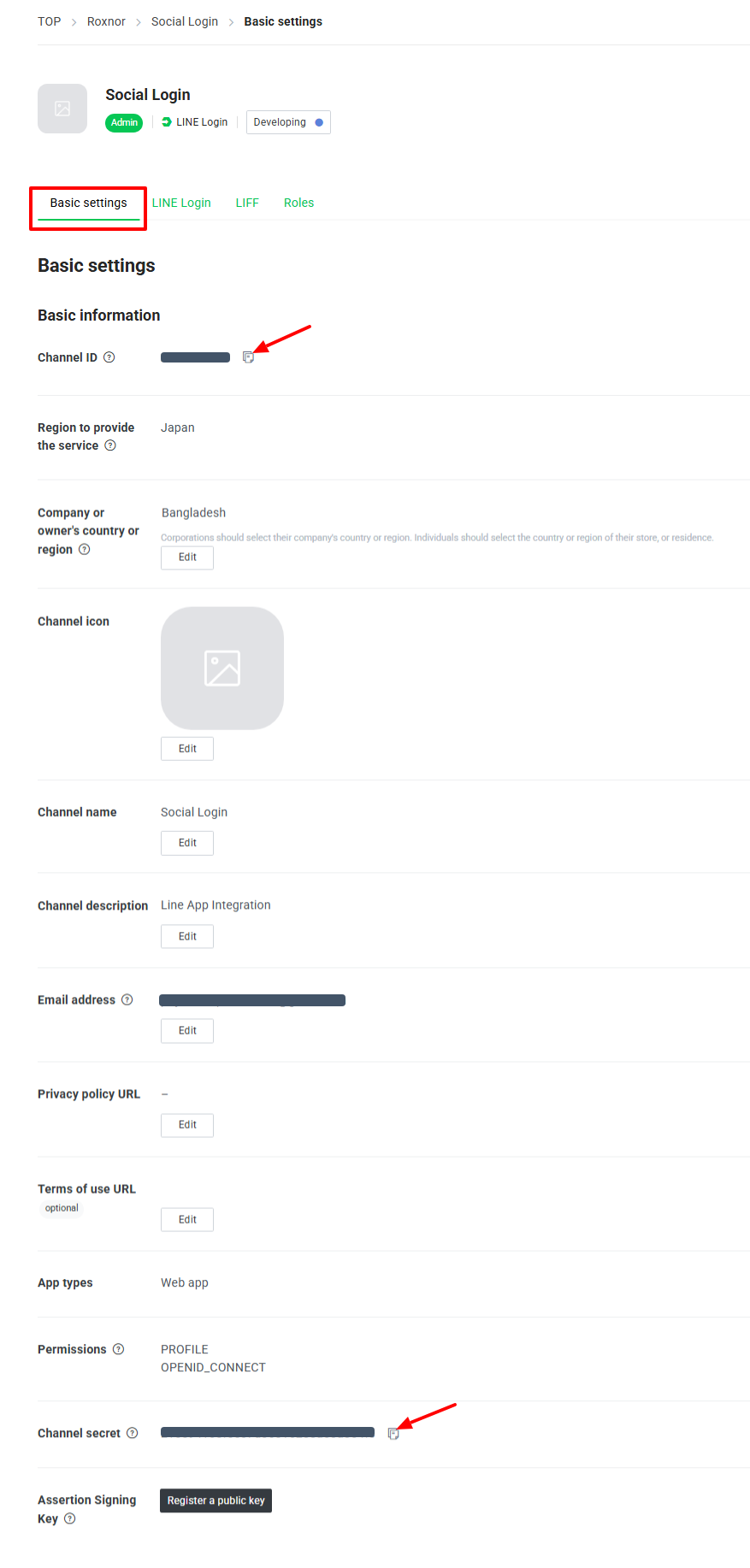 grab the Channel ID and Channel Secret from the channel details and add them to the corresponding fields