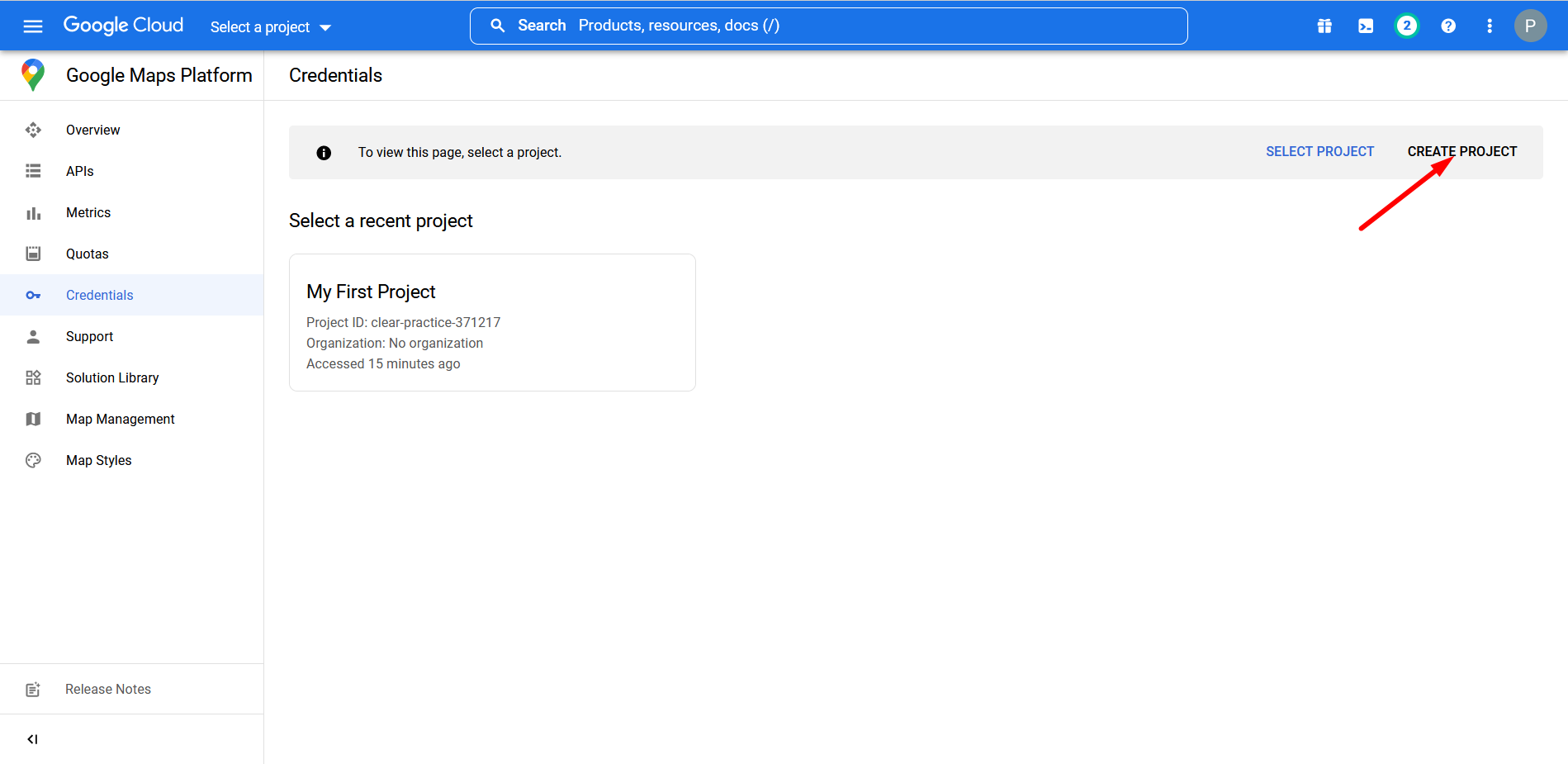 Select from your existing projects or click on create project